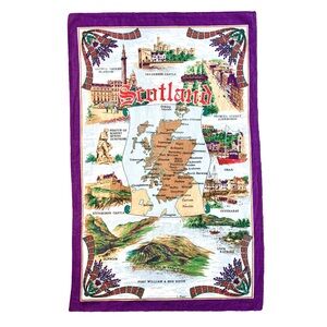 vintage Scotland map tea towel all cotton Made in Britain purple white